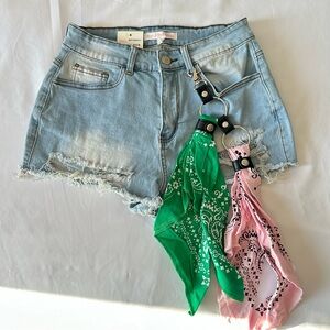 Denim Shorts with Green and Pink Bandana Accents
